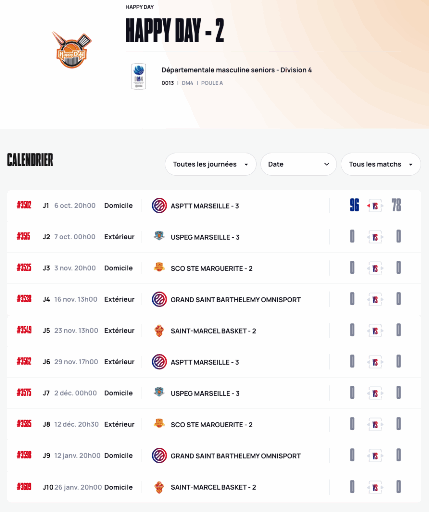 calendrier matchs basket équipe masculines TeamHappyDay